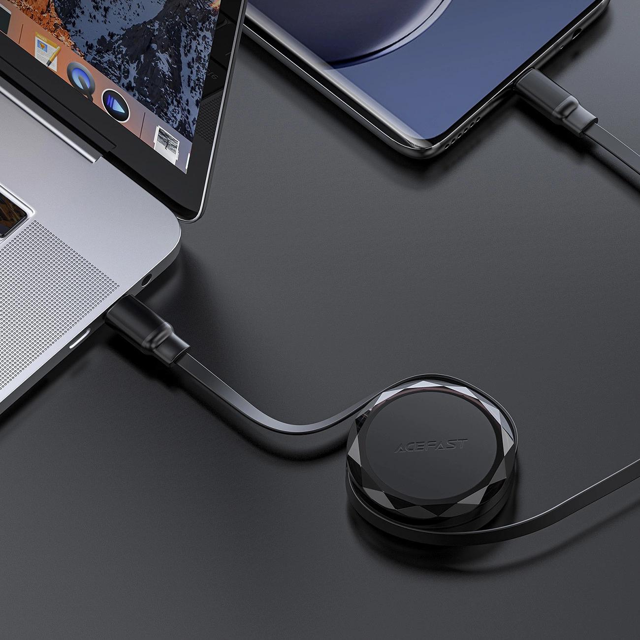 Cable retráctil USB-C a USB-C - 60 W - 0,8 m - Negro