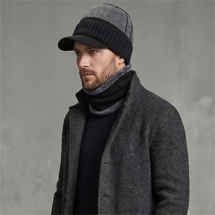 Gorro de invierno con visera y cuello térmico - Gris