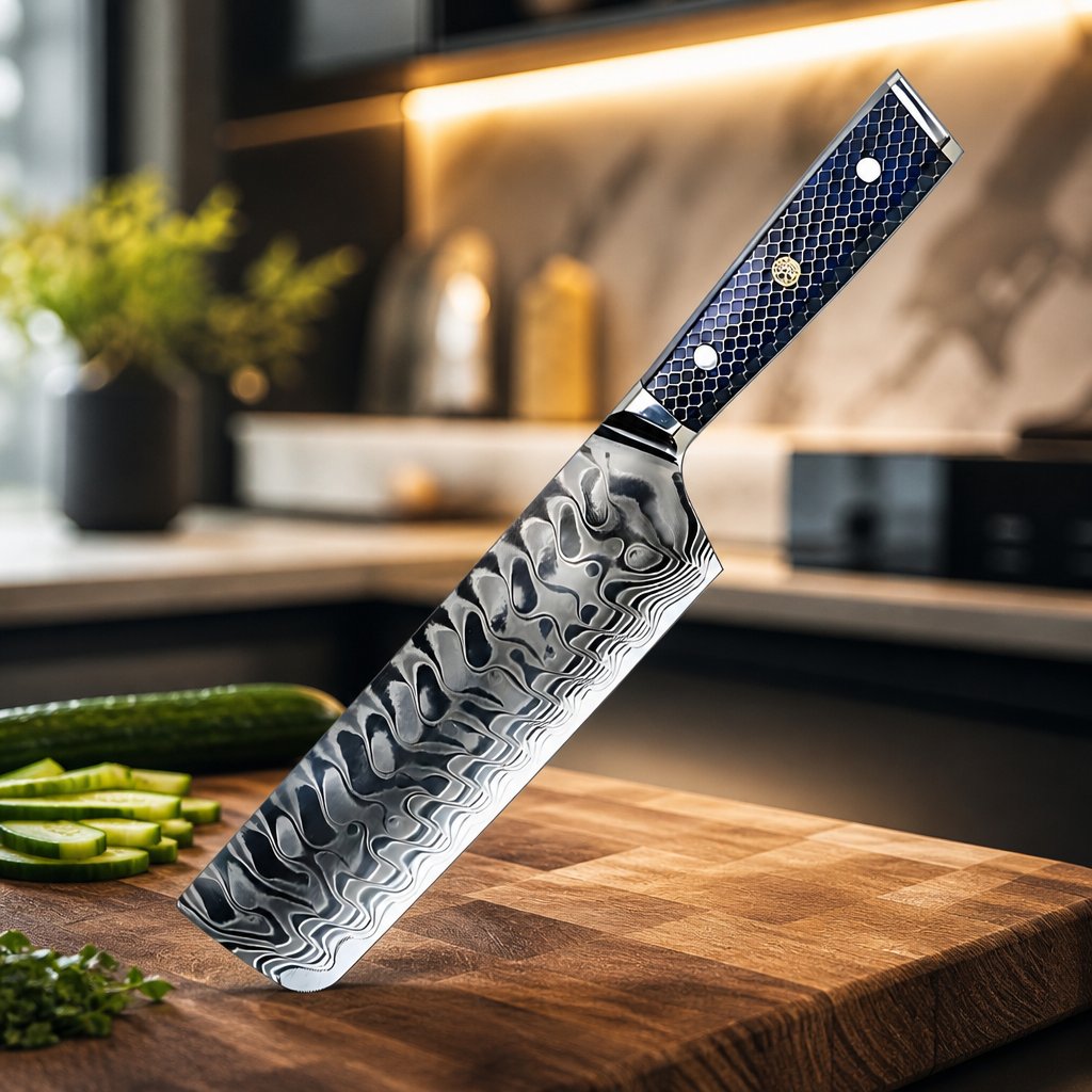 Cuchillo de cocina damasco YU-37417 - Nakiri / Azul